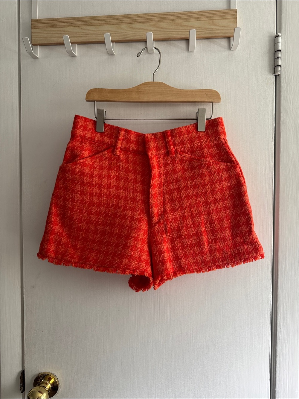 Zara Orange-Red Houndstooth High-Waist Shorts